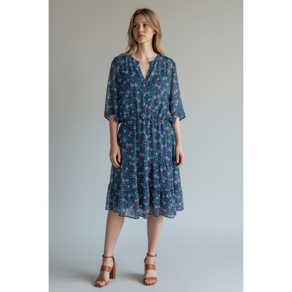 Gerard Darel Paris Blue Floral Chiffon Tiered Midi Dress Boho Size‎ 46 FR 14 US